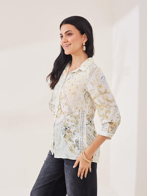 Latin Quarters Women's Off-White Printed 3/4th Sleeve Collar Neck Casual Shirt