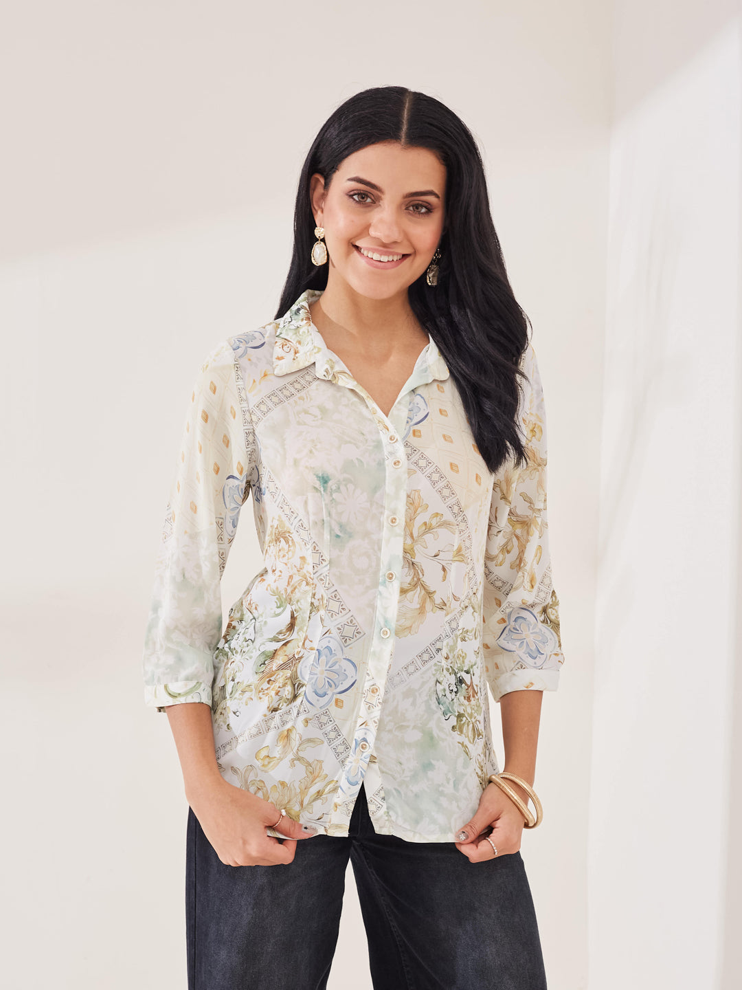 Latin Quarters Women's Off-White Printed 3/4th Sleeve Collar Neck Casual Shirt
