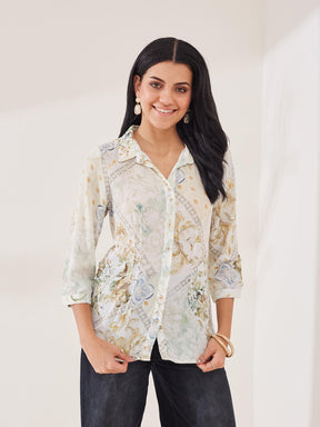 Latin Quarters Women's Off-White Printed 3/4th Sleeve Collar Neck Casual Shirt