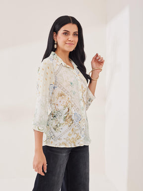 Latin Quarters Women's Off-White Printed 3/4th Sleeve Collar Neck Casual Shirt