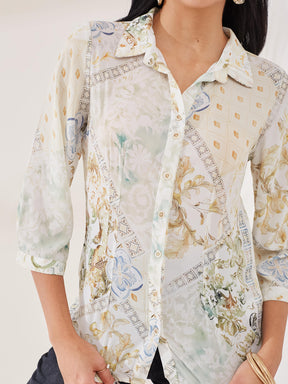 Latin Quarters Women's Off-White Printed 3/4th Sleeve Collar Neck Casual Shirt