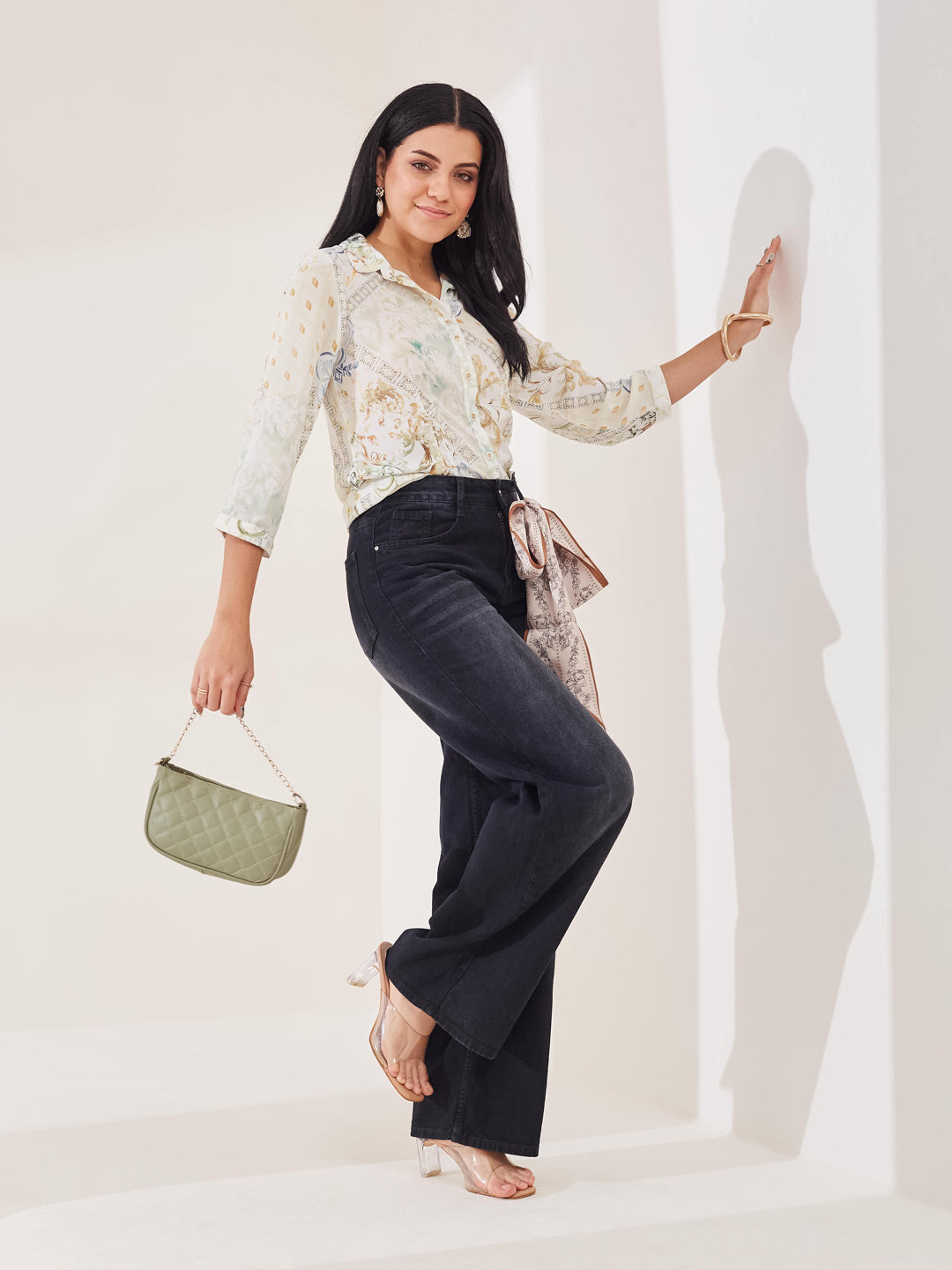 Latin Quarters Women's Off-White Printed 3/4th Sleeve Collar Neck Casual Shirt