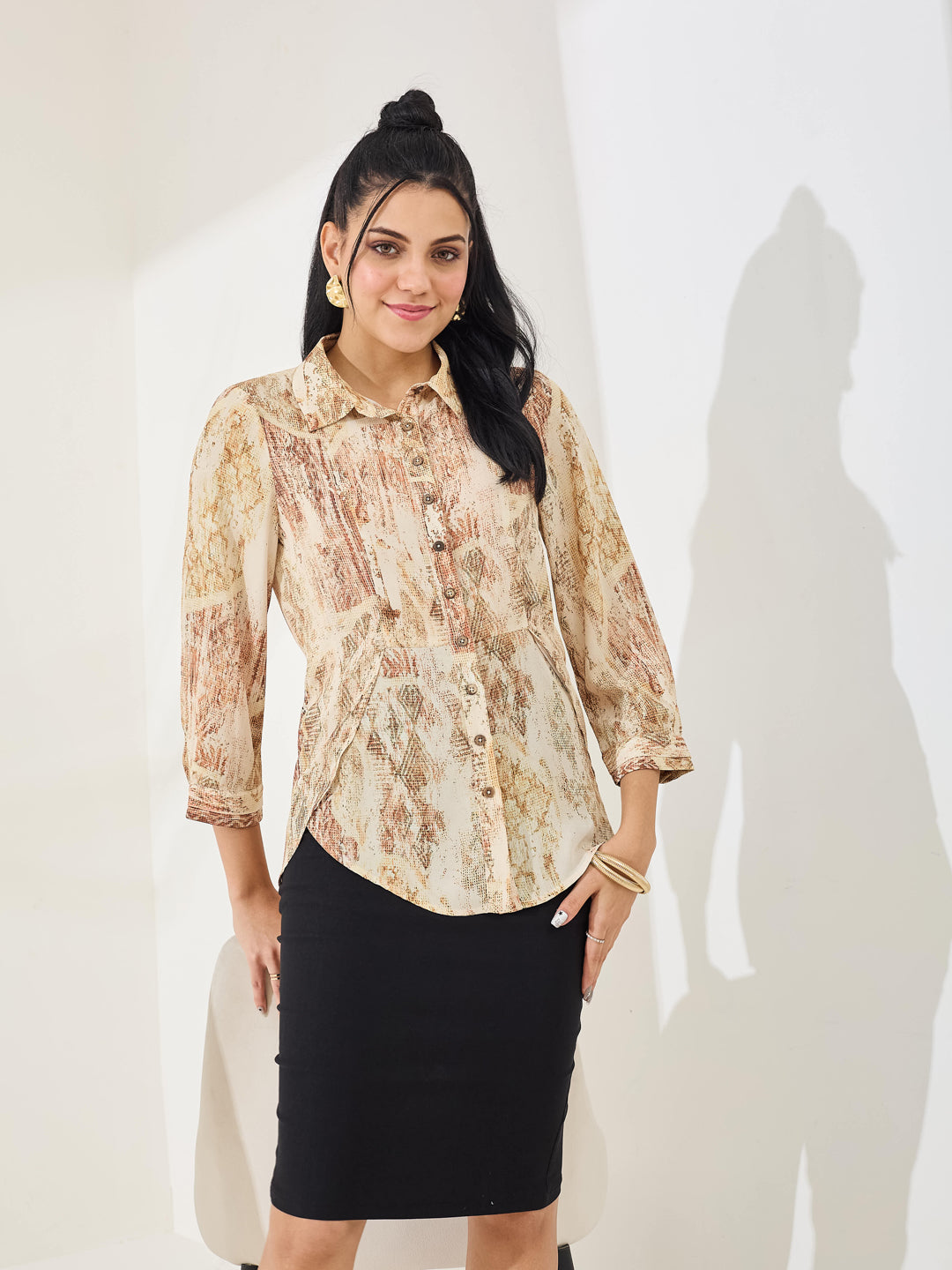 Latin Quarters Women's Beige Printed 3/4th Sleeve Collar Neck Casual Shirt
