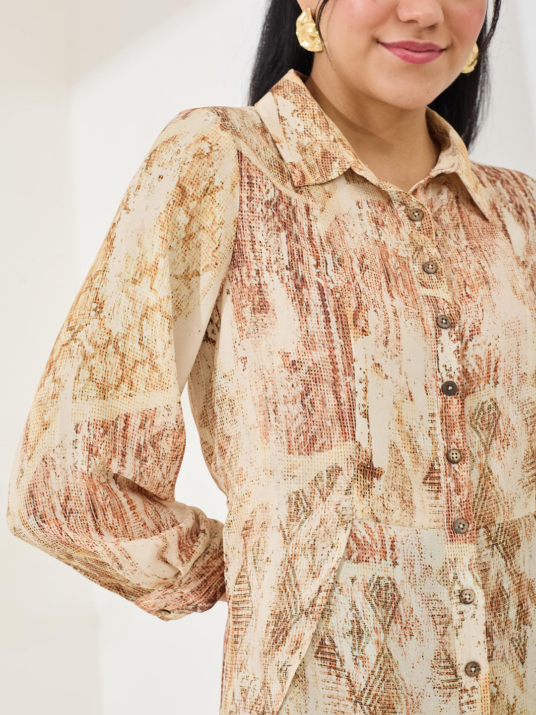 Latin Quarters Women's Beige Printed 3/4th Sleeve Collar Neck Casual Shirt