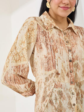 Latin Quarters Women's Beige Printed 3/4th Sleeve Collar Neck Casual Shirt