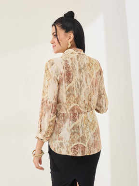 Latin Quarters Women's Beige Printed 3/4th Sleeve Collar Neck Casual Shirt