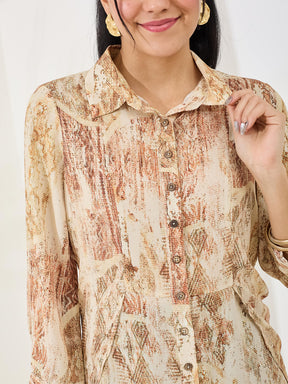 Latin Quarters Women's Beige Printed 3/4th Sleeve Collar Neck Casual Shirt