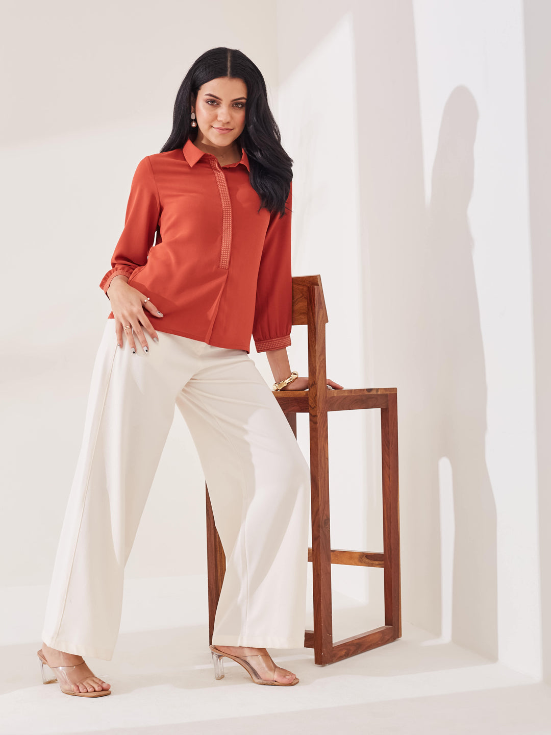 Latin Quarters Women's Rust Solid 3/4th Sleeve Collar Neck Casual Tunic