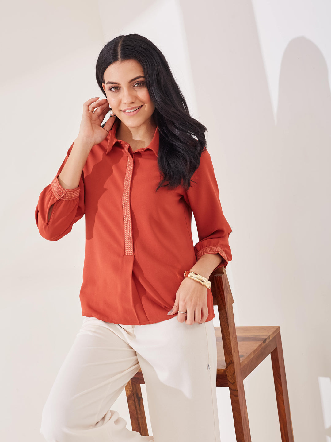 Latin Quarters Women's Rust Solid 3/4th Sleeve Collar Neck Casual Tunic