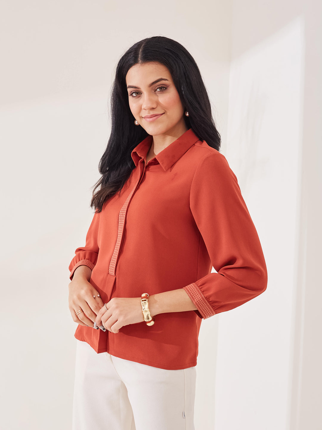 Latin Quarters Women's Rust Solid 3/4th Sleeve Collar Neck Casual Tunic