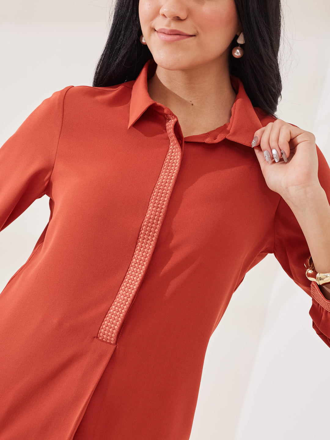 Latin Quarters Women's Rust Solid 3/4th Sleeve Collar Neck Casual Tunic