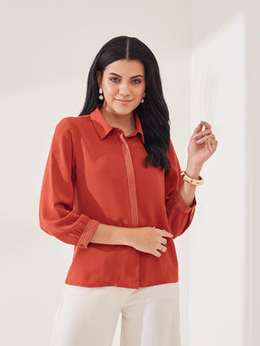 Latin Quarters Women's Rust Solid 3/4th Sleeve Collar Neck Casual Tunic