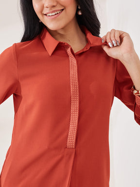 Latin Quarters Women's Rust Solid 3/4th Sleeve Collar Neck Casual Tunic