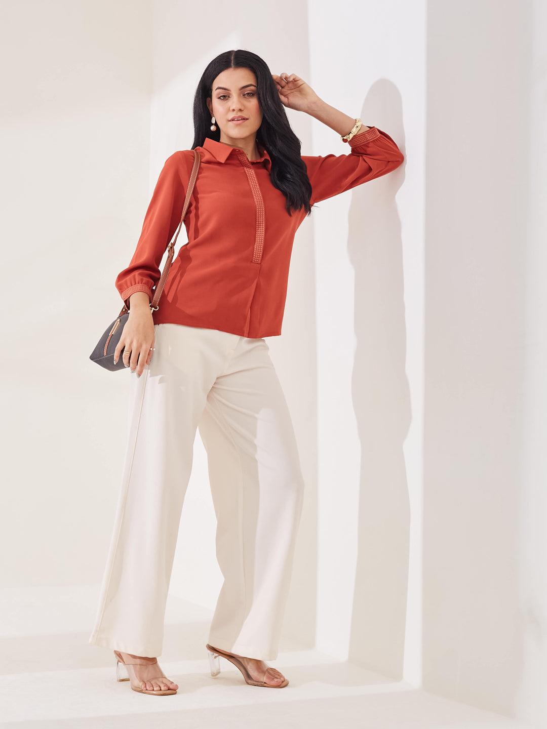 Latin Quarters Women's Rust Solid 3/4th Sleeve Collar Neck Casual Tunic