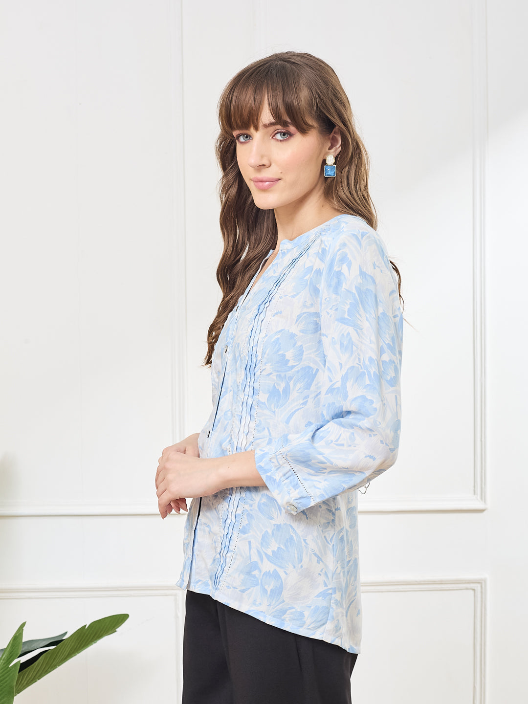 Latin Quarters Women's Blue 3/4th Sleeves V-Neck Casual Printed Tunic