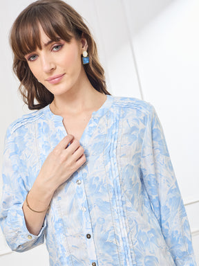 Latin Quarters Women's Blue 3/4th Sleeves V-Neck Casual Printed Tunic