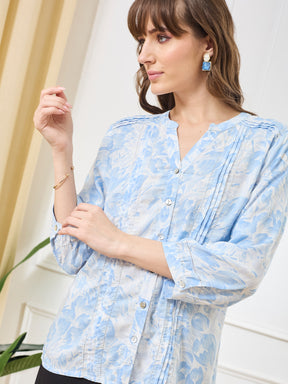 Latin Quarters Women's Blue 3/4th Sleeves V-Neck Casual Printed Tunic