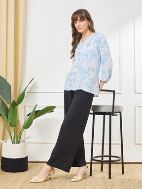 Latin Quarters Women's Blue 3/4th Sleeves V-Neck Casual Printed Tunic