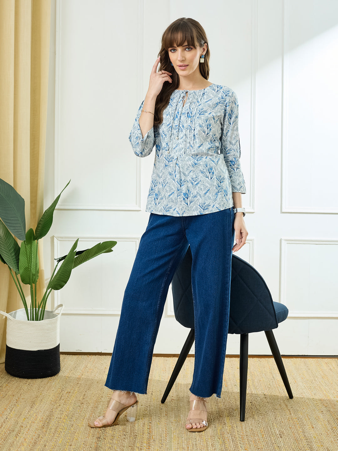 Latin Quarters Women's Blue 3/4th Sleeves Round Neck Casual Printed Tunic