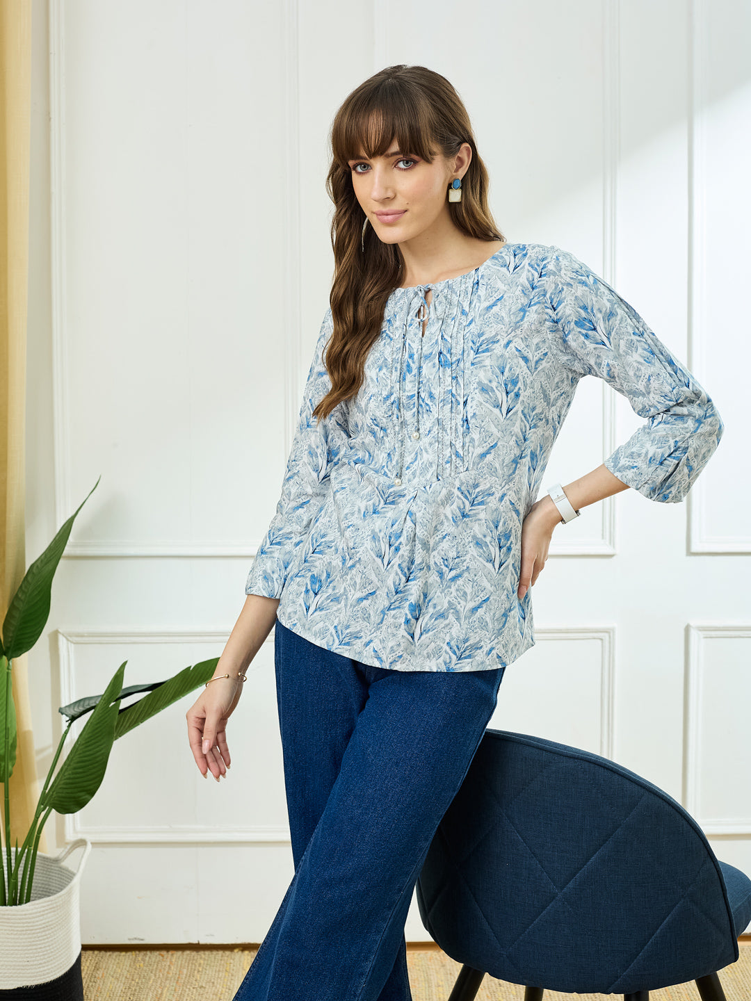Latin Quarters Women's Blue 3/4th Sleeves Round Neck Casual Printed Tunic