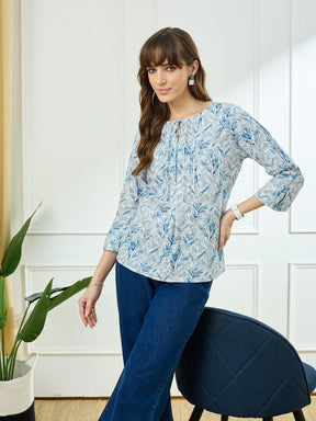Latin Quarters Women's Blue 3/4th Sleeves Round Neck Casual Printed Tunic