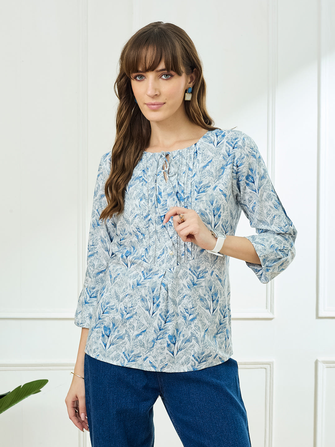 Latin Quarters Women's Blue 3/4th Sleeves Round Neck Casual Printed Tunic