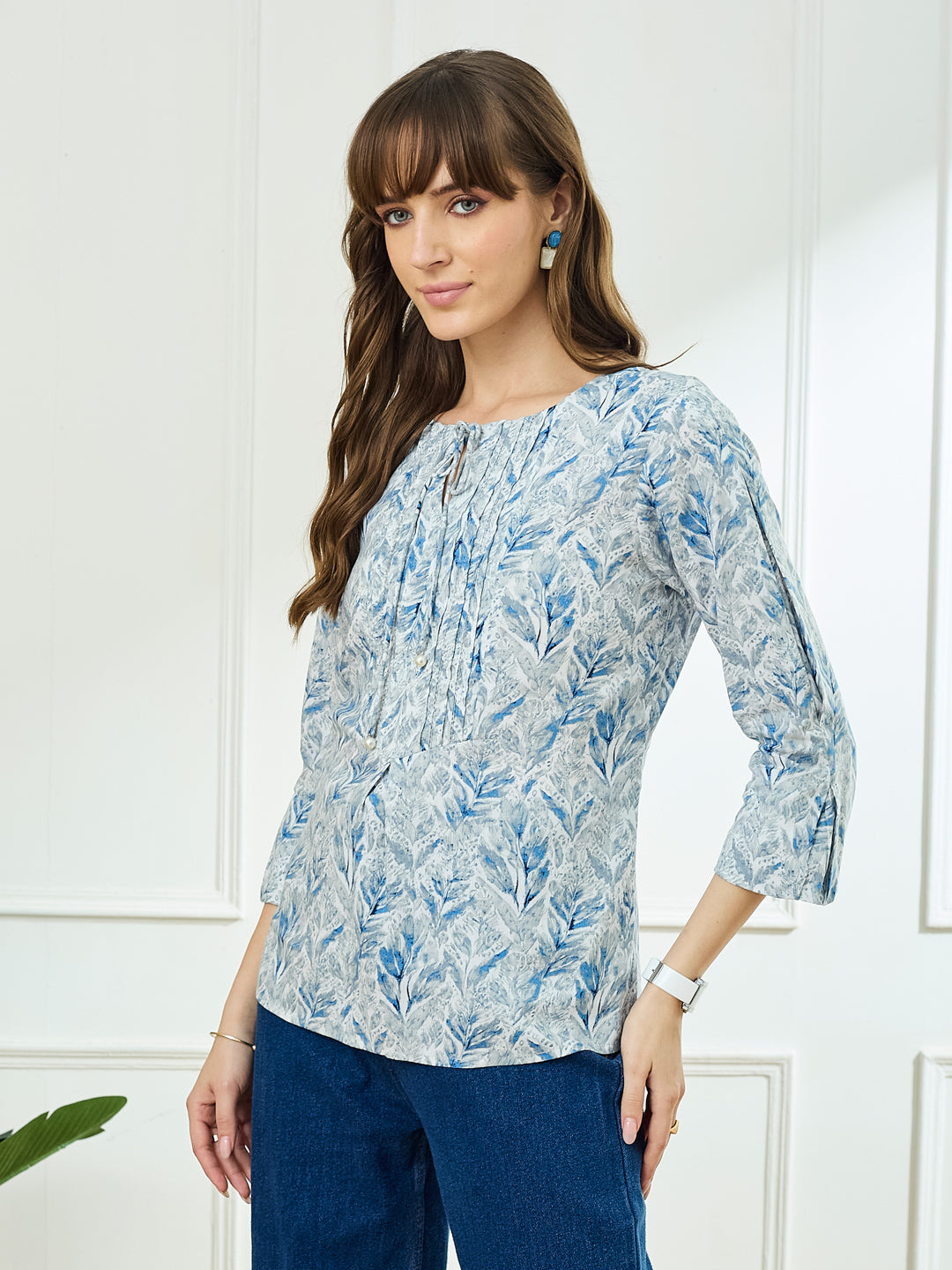 Latin Quarters Women's Blue 3/4th Sleeves Round Neck Casual Printed Tunic