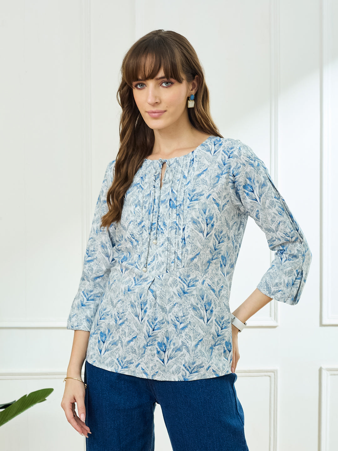 Latin Quarters Women's Blue 3/4th Sleeves Round Neck Casual Printed Tunic