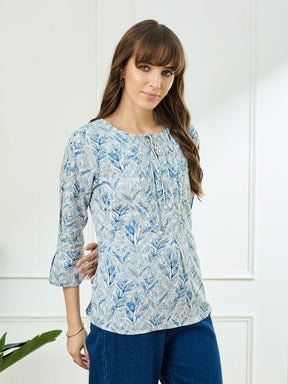 Latin Quarters Women's Blue 3/4th Sleeves Round Neck Casual Printed Tunic