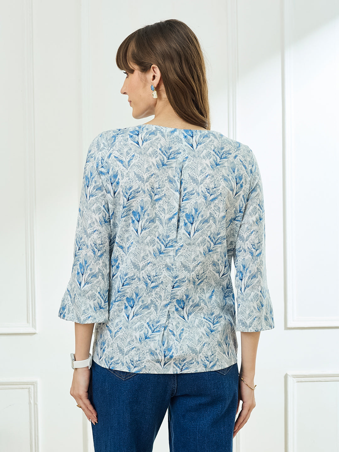 Latin Quarters Women's Blue 3/4th Sleeves Round Neck Casual Printed Tunic