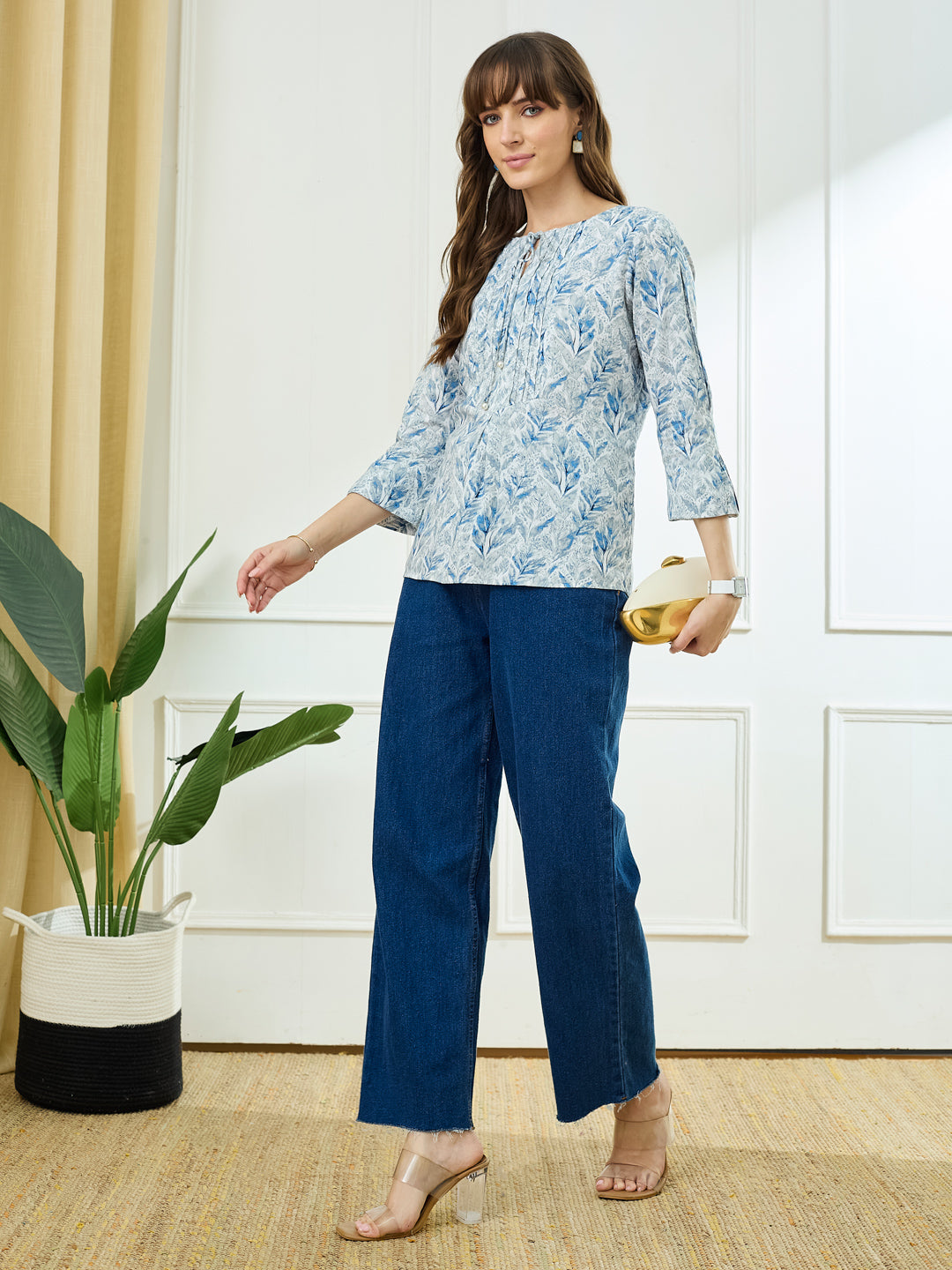 Latin Quarters Women's Blue 3/4th Sleeves Round Neck Casual Printed Tunic