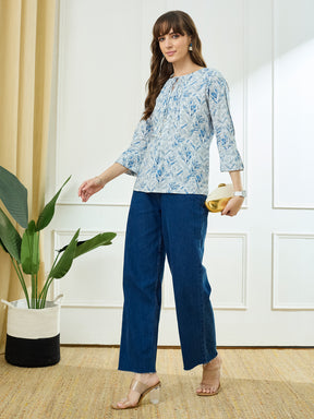Latin Quarters Women's Blue 3/4th Sleeves Round Neck Casual Printed Tunic