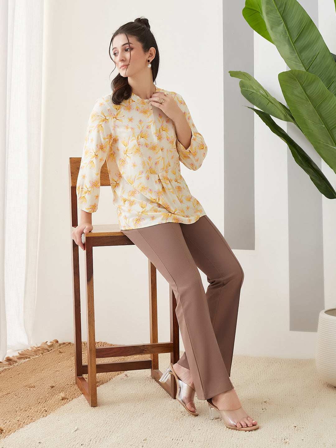 Latin Quarters Women Yellow Printed Round Neck 3/4th Sleeves Casual Tunic
