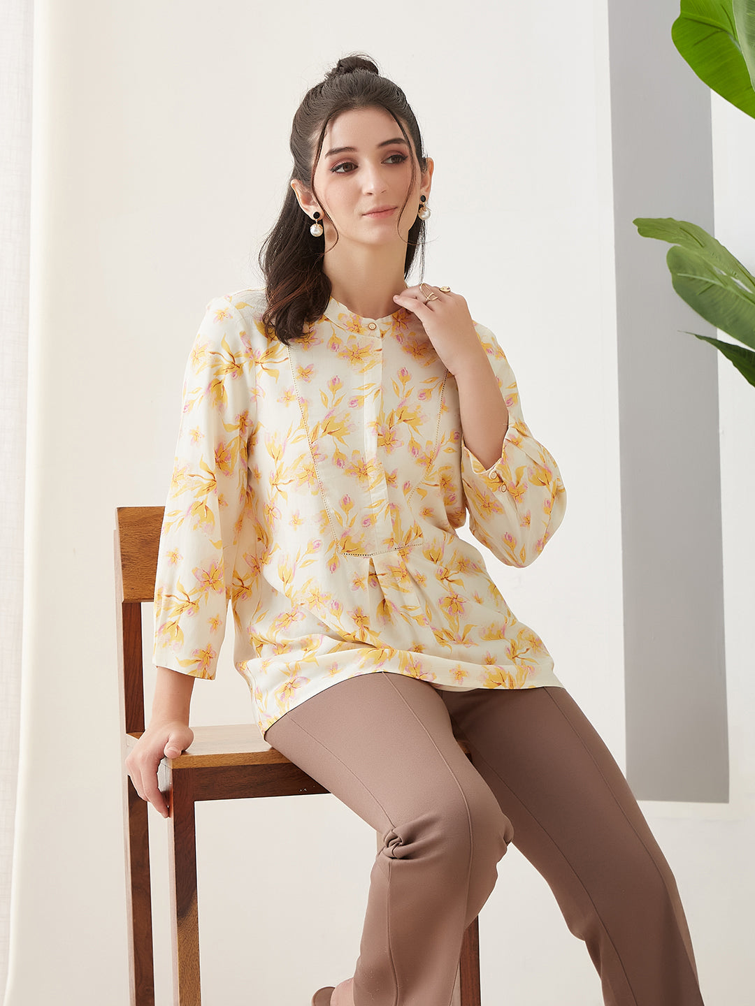 Latin Quarters Women Yellow Printed Round Neck 3/4th Sleeves Casual Tunic