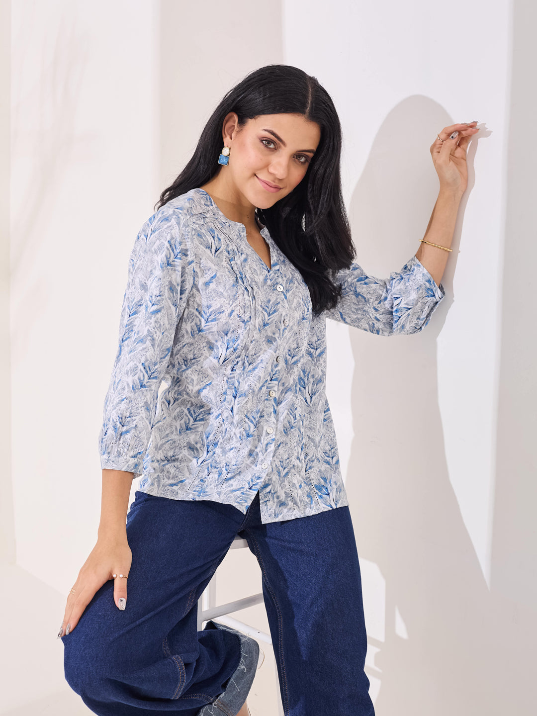 Latin Quarters Women's Blue Printed 3/4th Sleeve V-Neck Casual Tunic