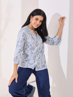 Latin Quarters Women's Blue Printed 3/4th Sleeve V-Neck Casual Tunic