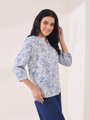 Latin Quarters Women's Blue Printed 3/4th Sleeve V-Neck Casual Tunic