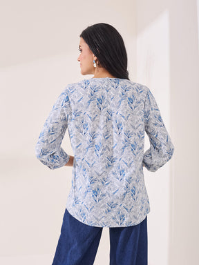 Latin Quarters Women's Blue Printed 3/4th Sleeve V-Neck Casual Tunic
