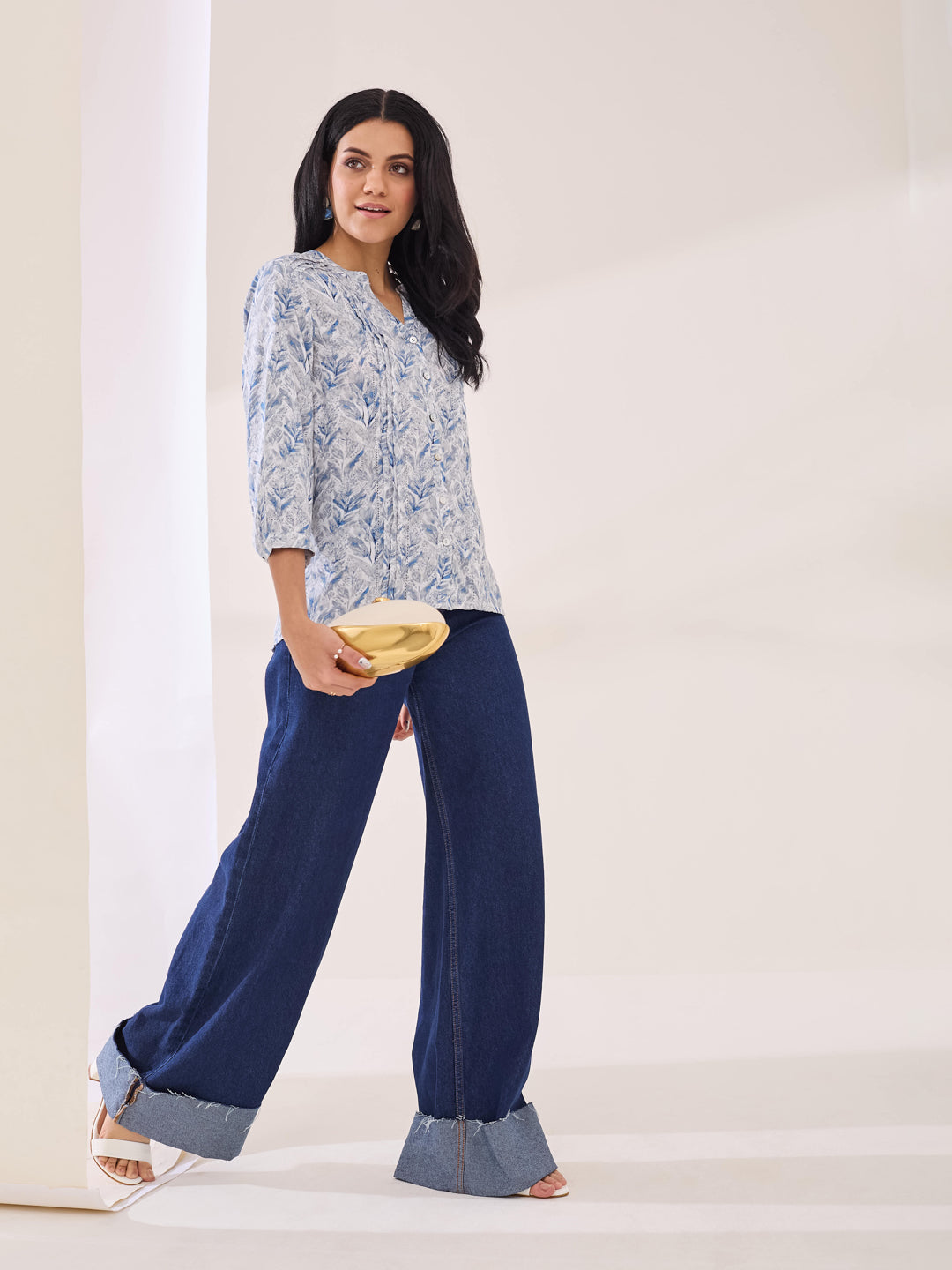 Latin Quarters Women's Blue Printed 3/4th Sleeve V-Neck Casual Tunic