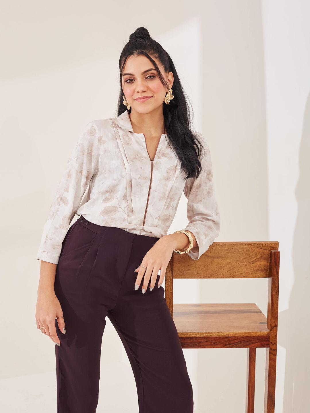 Latin Quarters Women's Beige Printed 3/4th Sleeve Collar Neck Casual Tunic