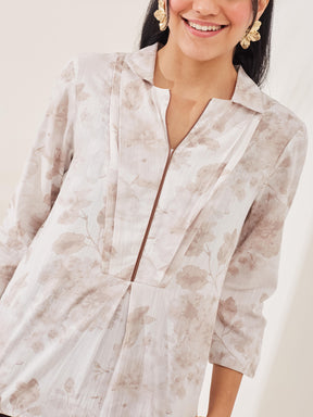 Latin Quarters Women's Beige Printed 3/4th Sleeve Collar Neck Casual Tunic