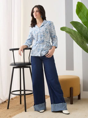 Latin Quarters Women Blue Printed 3/4th Sleeves Spread Collar Casual Shirt