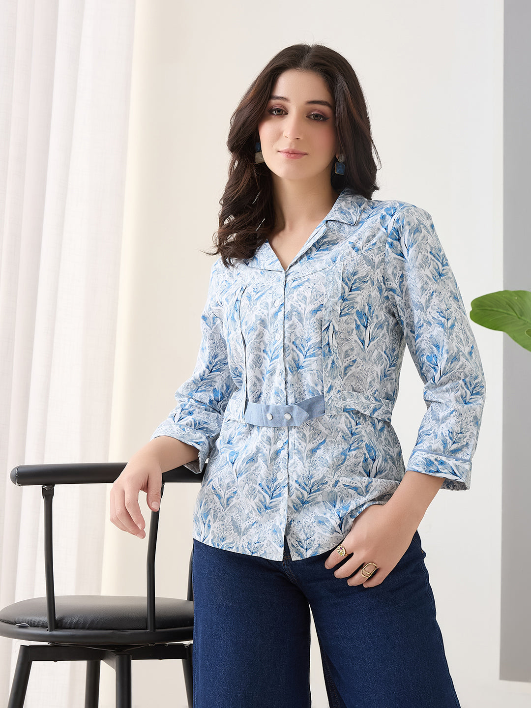 Latin Quarters Women Blue Printed 3/4th Sleeves Spread Collar Casual Shirt
