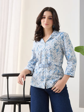 Latin Quarters Women Blue Printed 3/4th Sleeves Spread Collar Casual Shirt