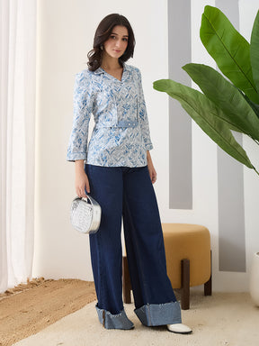 Latin Quarters Women Blue Printed 3/4th Sleeves Spread Collar Casual Shirt