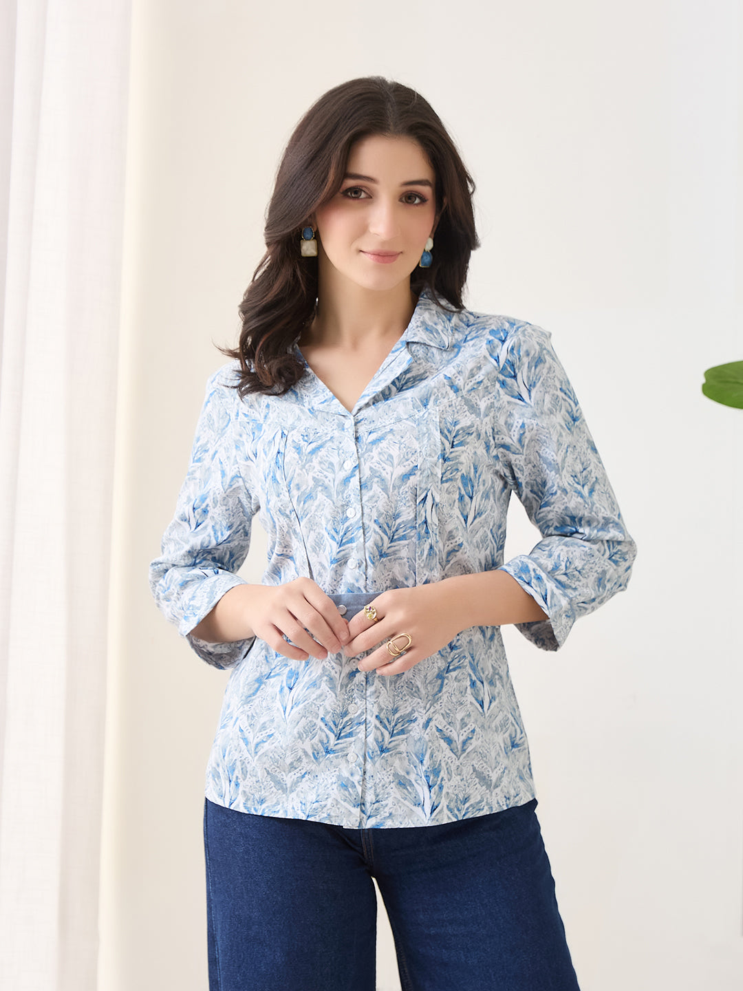 Latin Quarters Women Blue Printed 3/4th Sleeves Spread Collar Casual Shirt