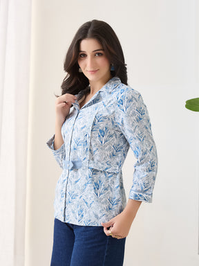 Latin Quarters Women Blue Printed 3/4th Sleeves Spread Collar Casual Shirt