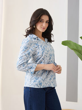 Latin Quarters Women Blue Printed 3/4th Sleeves Spread Collar Casual Shirt