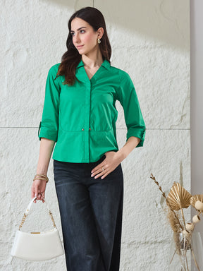 Latin Quarters Women's Green Solid 3/4Th Sleeves Collared Casual Shirt