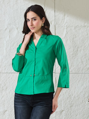 Latin Quarters Women's Green Solid 3/4Th Sleeves Collared Casual Shirt